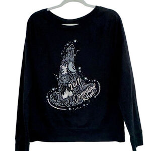 Womens Large Disneyland Black Lightweight Sweater Rhinestone Sorcerer Hat Bling